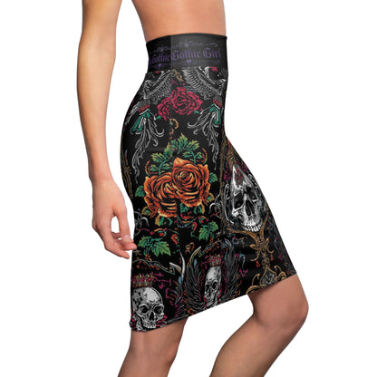 Gothic Skull Crown Pencil Skirt — 'My Gothic Girl' Dark Floral Skull Print