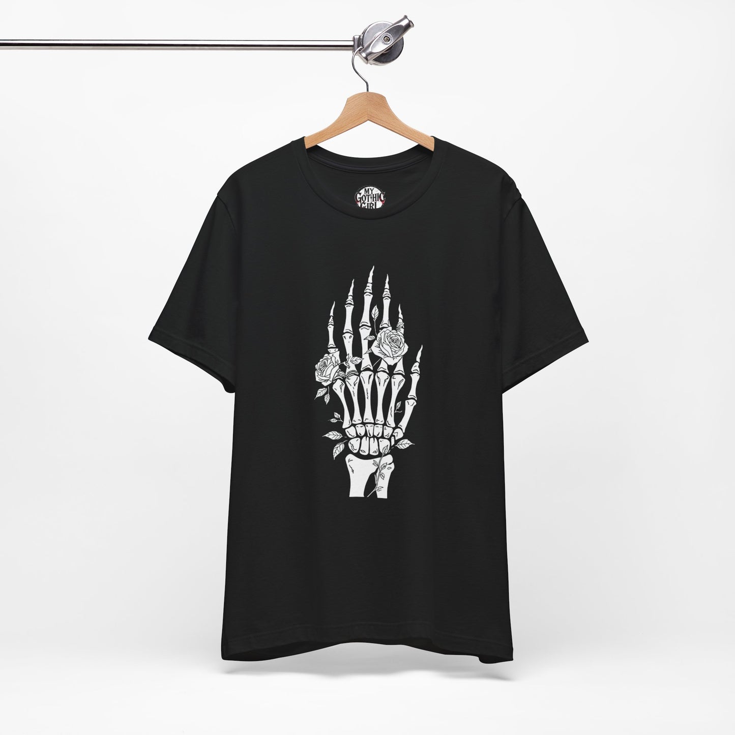 White Roses and Skeleton Hand  Gothic Graphic T-Shirt – Alt Aesthetic Poetic Goth Streetwear