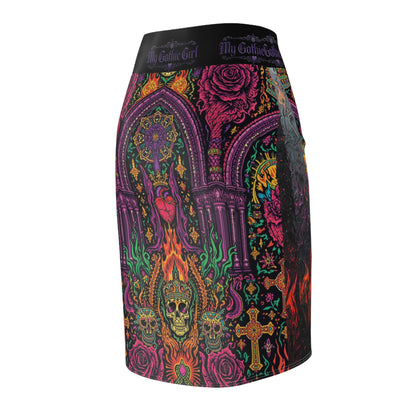 Gothic Skull & Roses Pencil Skirt — 'My Gothic Girl' All-Over Print
