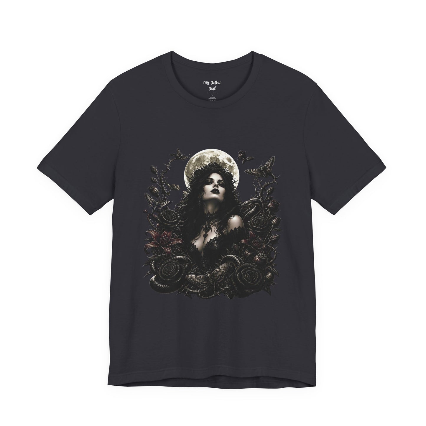 Gothic Moon Goddess Tee – Dark Floral Occult Graphic T-Shirt