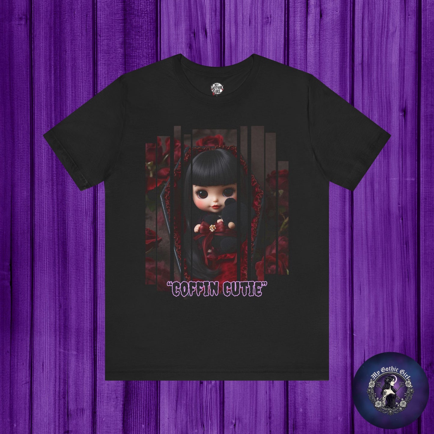 “Coffin Cutie” — cute Gothic doll peeking out from a small coffin Graphic T-Shirt – Alt Aesthetic Poetic Goth Street-wear