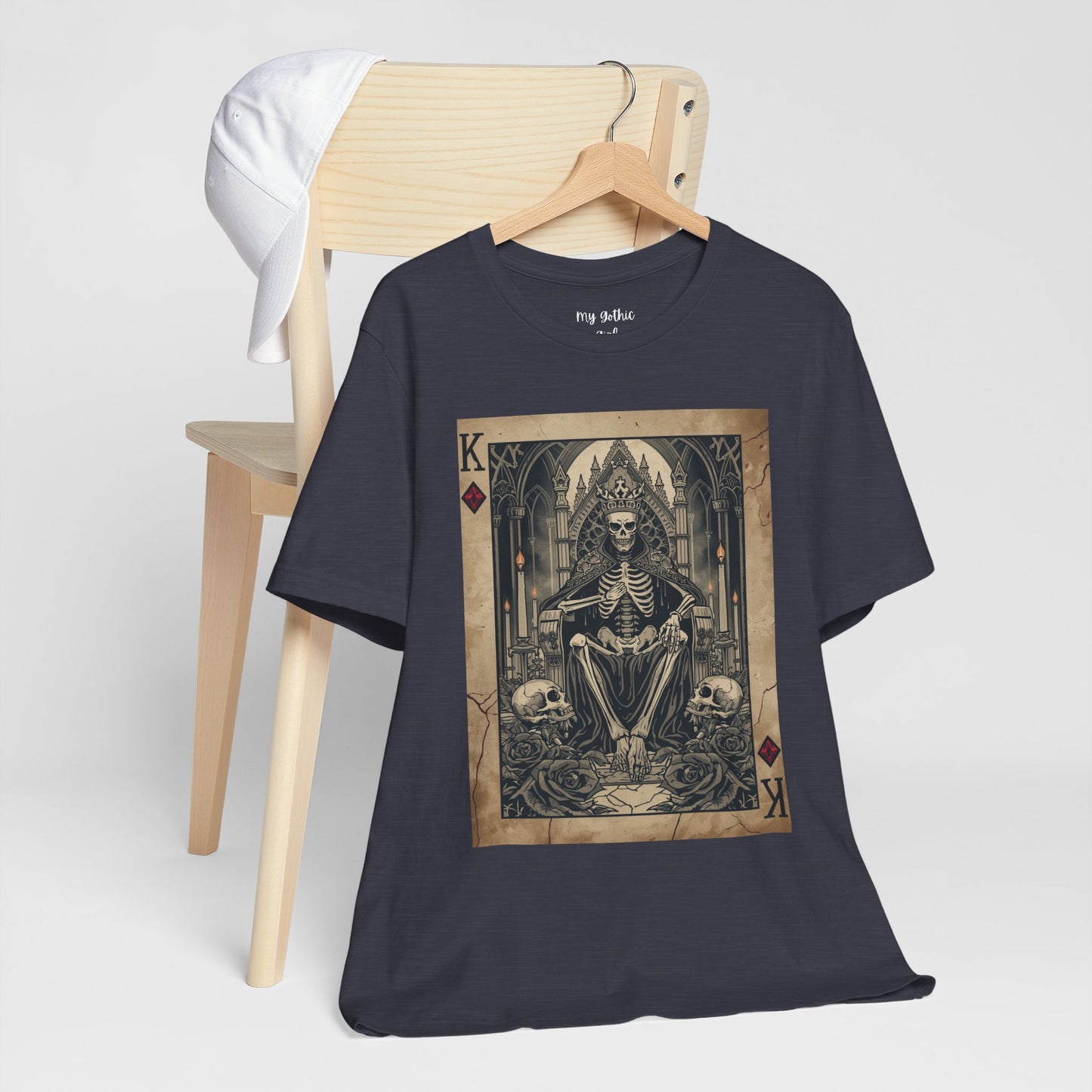 Skeleton King Playing Card Graphic Tee — Gothic Skull Throne T-Shirt