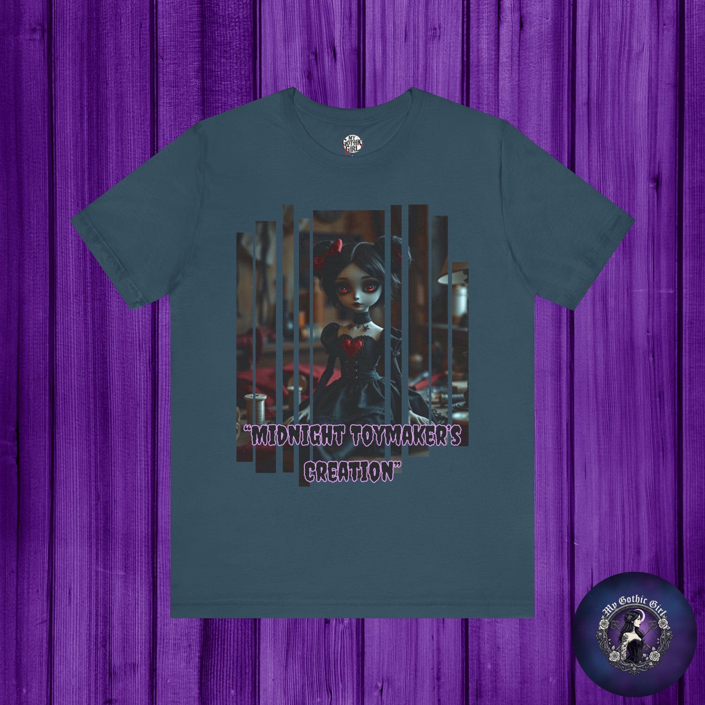 “Midnight Toy-maker's Creation” —hand-stitched Gothic doll Graphic T-Shirt – Alt Aesthetic Poetic Goth Street-wear