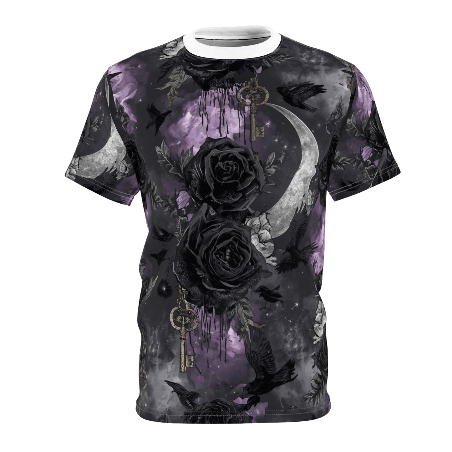 Gothic Moon & Roses Tee — Dark Floral Crescent Moon Keys All-Over Print