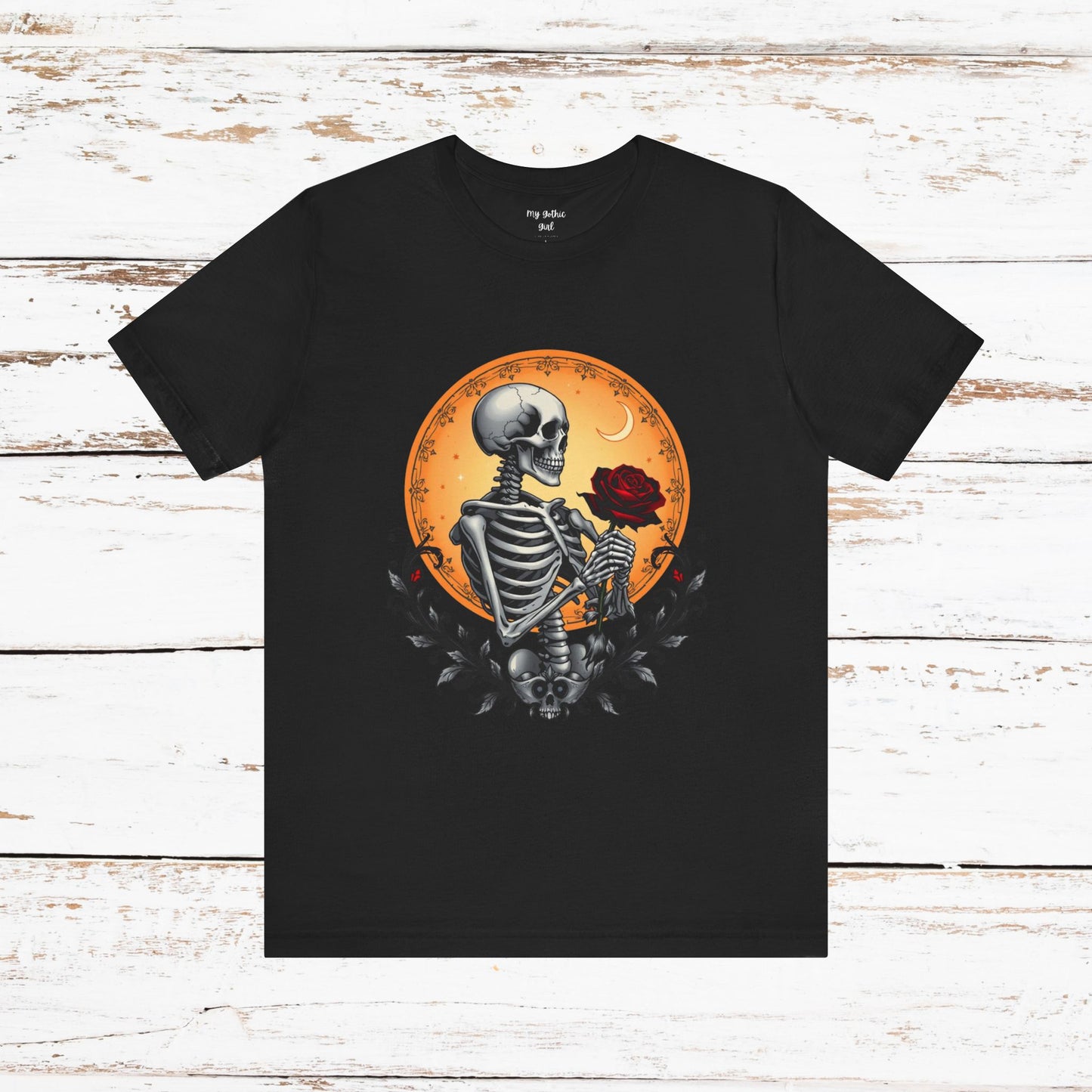 Mystical Gothic Skeleton and Black Rose Under Crescent Moon T-Shirt Design
