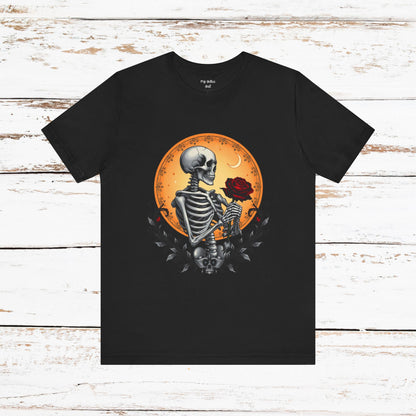 Mystical Gothic Skeleton and Black Rose Under Crescent Moon T-Shirt Design
