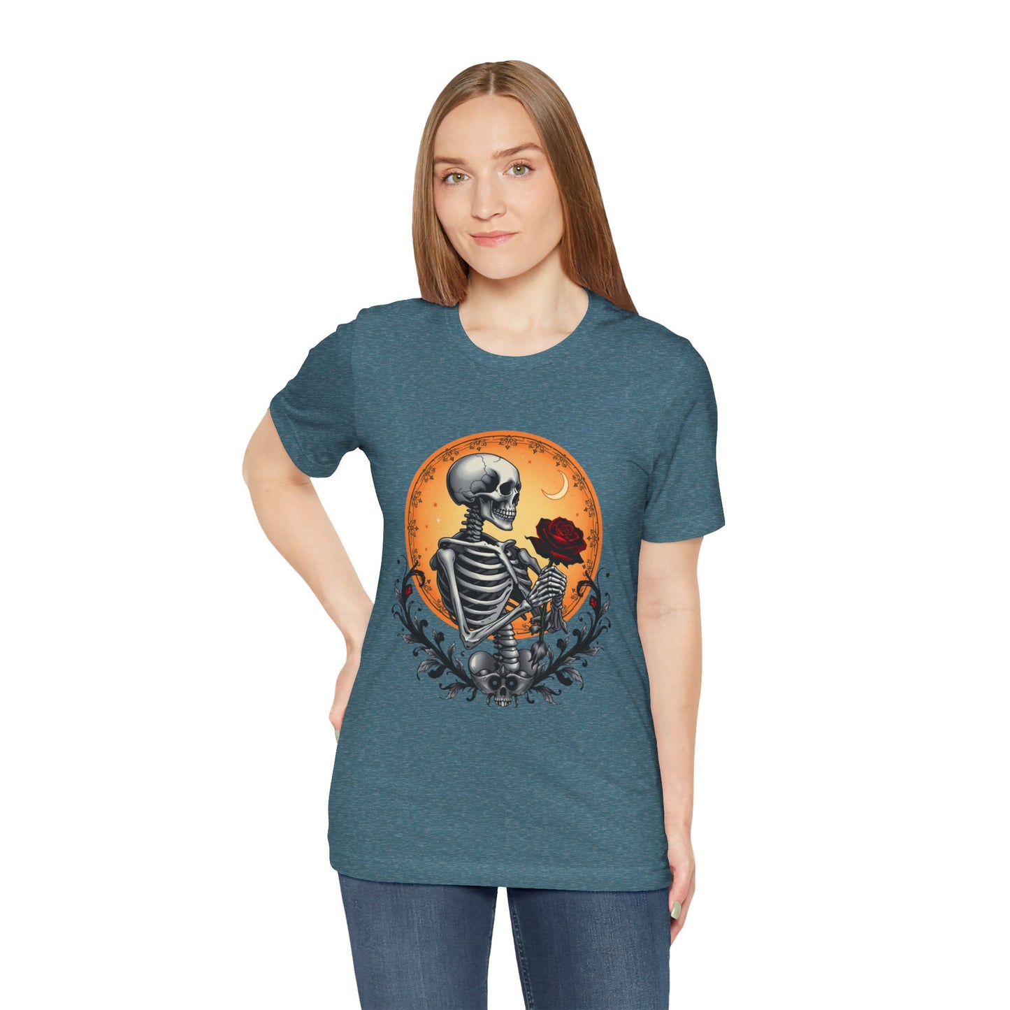 Mystical Gothic Skeleton and Black Rose Under Crescent Moon T-Shirt Design