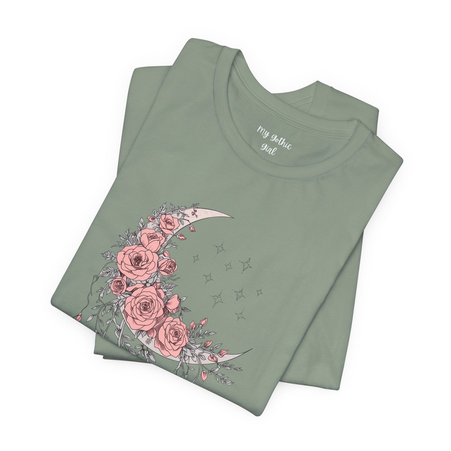 Celestial Goth Crescent Moon Tee with Dripping Florals – Mystic Graphic Art