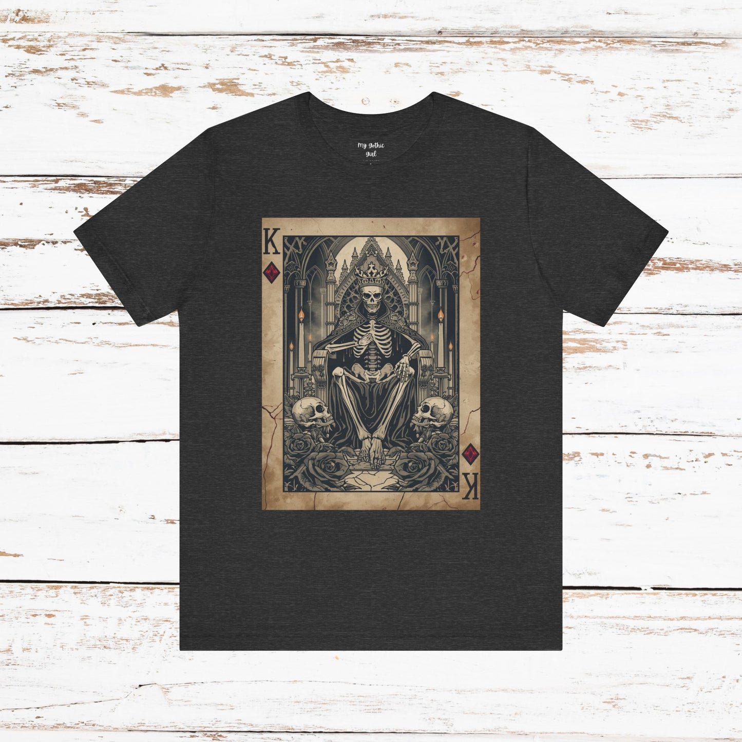 Skeleton King Playing Card Graphic Tee — Gothic Skull Throne T-Shirt
