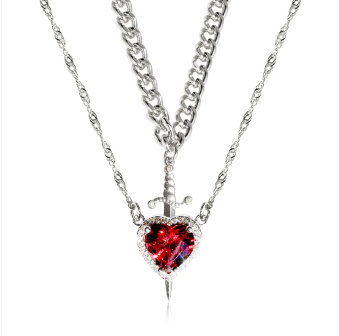 Gothic Punk One Arrow Through The Heart Creative Two Color Couple Necklace Red Rhinestone Heart Dagger Necklace Good Friend Gift Fashion Jewelry