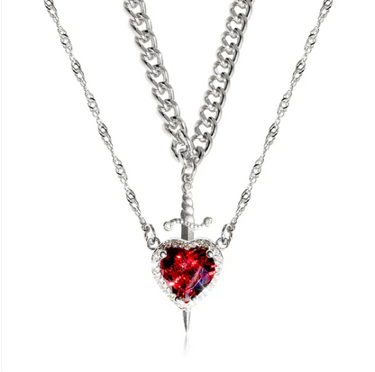 Gothic Punk One Arrow Through The Heart Creative Two Color Couple Necklace Red Rhinestone Heart Dagger Necklace Good Friend Gift Fashion Jewelry