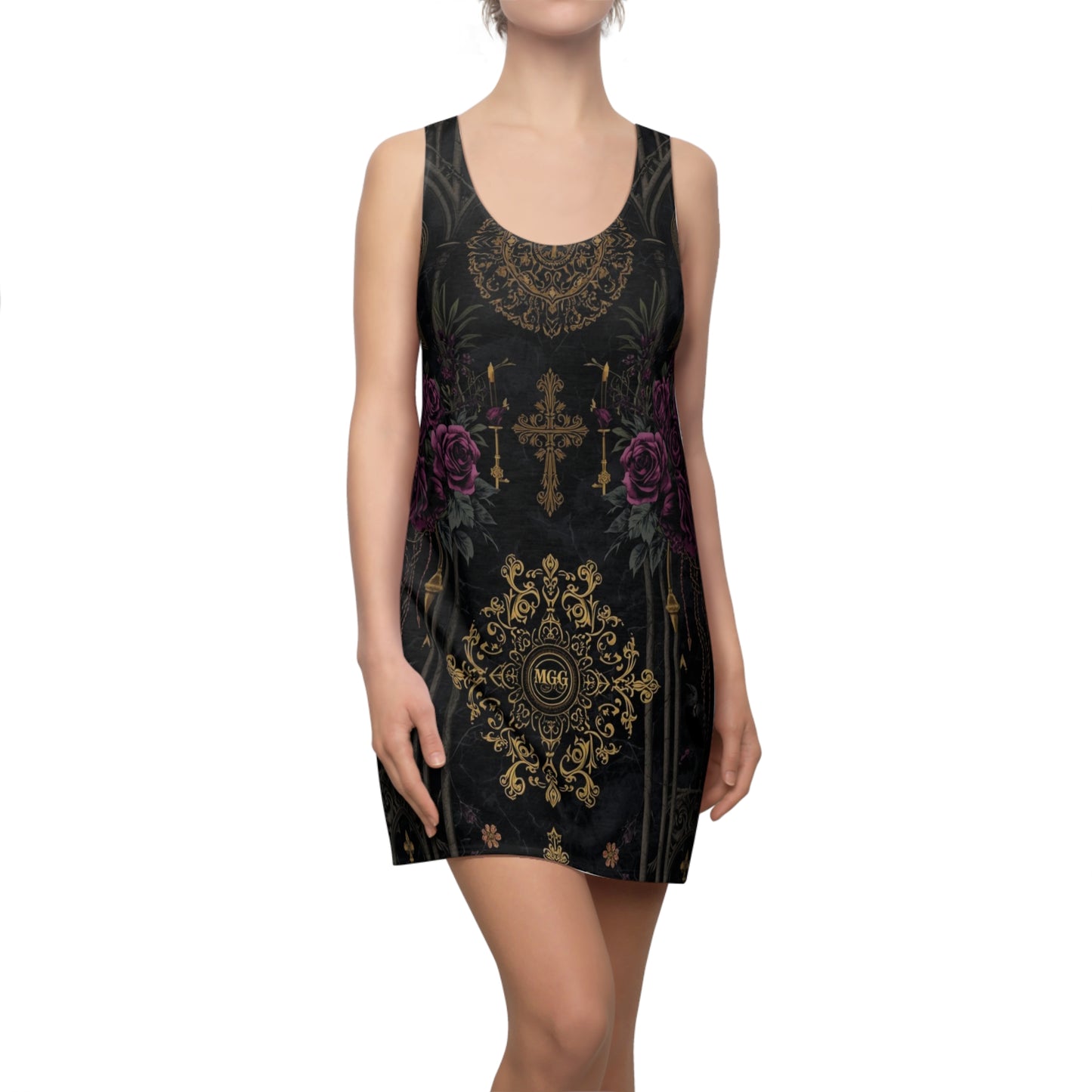 Gothic Rose Racerback Dress — Gold Cross & Velvet Floral AOP