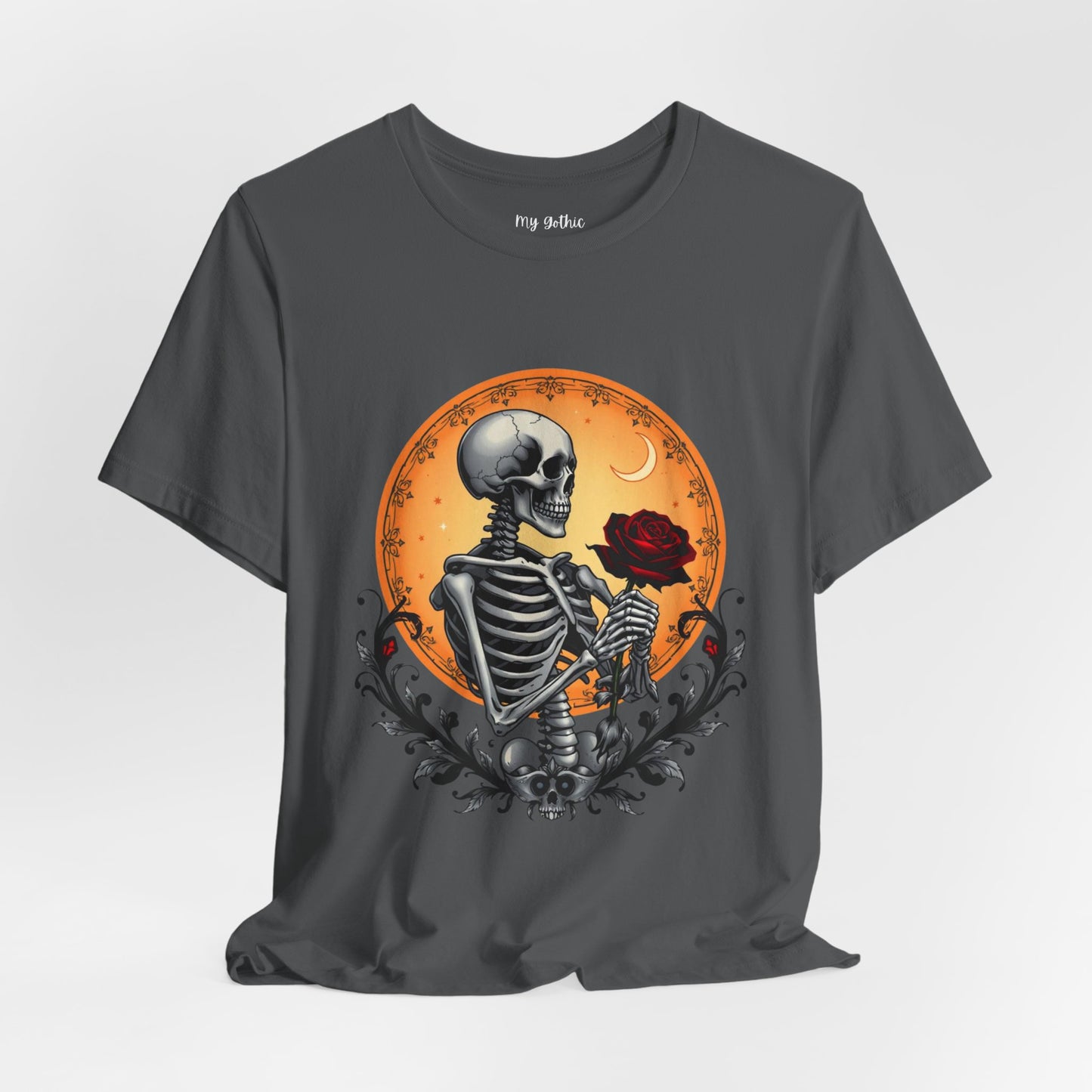 Mystical Gothic Skeleton and Black Rose Under Crescent Moon T-Shirt Design