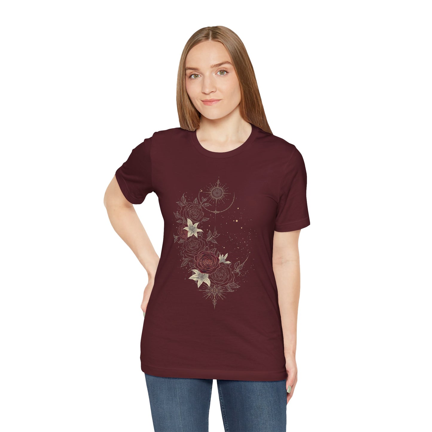 “Dark Floral Moon & Ornamental Geometry” T-Shirt Dark Floral Moon Ornamental Geometry Unisex Jersey Short Sleeve Tee