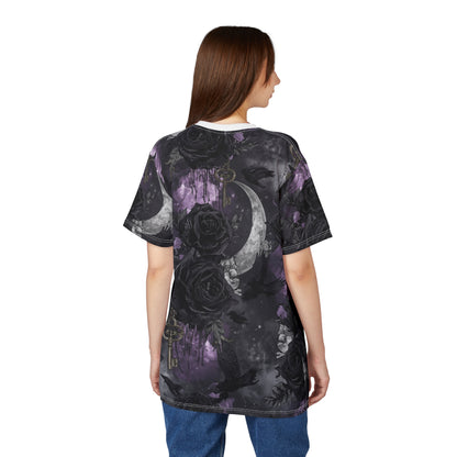 Gothic Moon & Roses Tee — Dark Floral Crescent Moon Keys All-Over Print