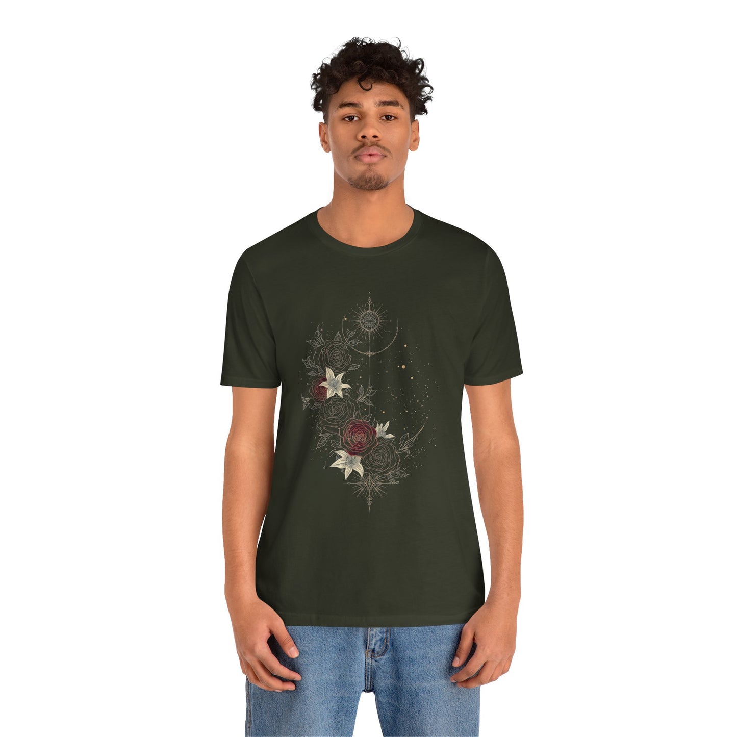 “Dark Floral Moon & Ornamental Geometry” T-Shirt Dark Floral Moon Ornamental Geometry Unisex Jersey Short Sleeve Tee