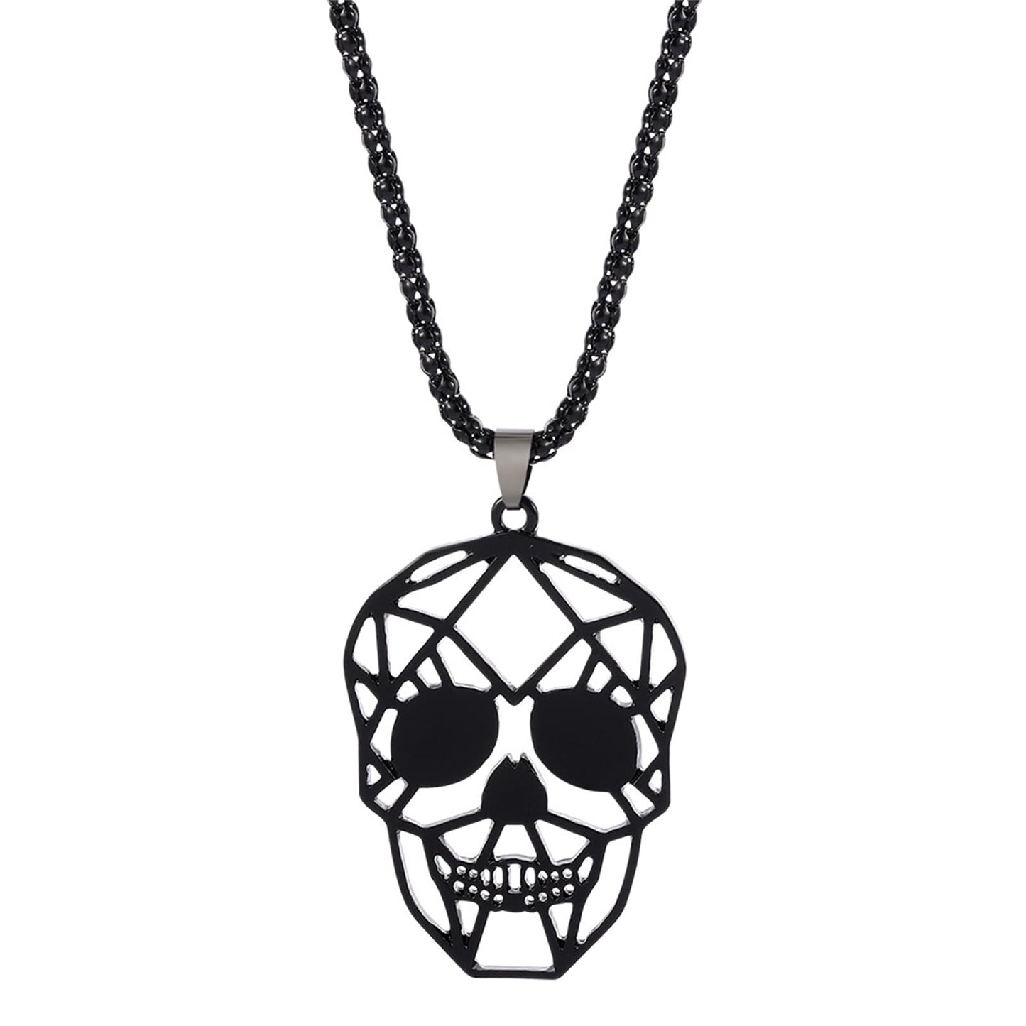 MALOYANVE Stainless Steel Skull Necklace Retro Handmade Gothic Style 3D Lifelike Personalized Skeleton Head Wing Moon Maple Pendant Necklace for Women Halloween Party Jewelry (Black Head)
