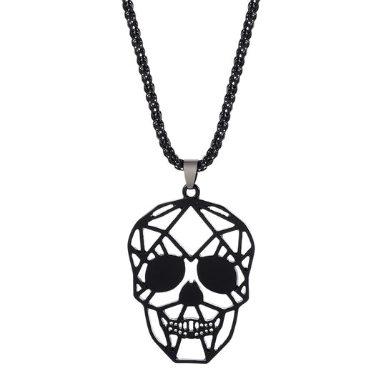 MALOYANVE Stainless Steel Skull Necklace Retro Handmade Gothic Style 3D Lifelike Personalized Skeleton Head Wing Moon Maple Pendant Necklace for Women Halloween Party Jewelry (Black Head)