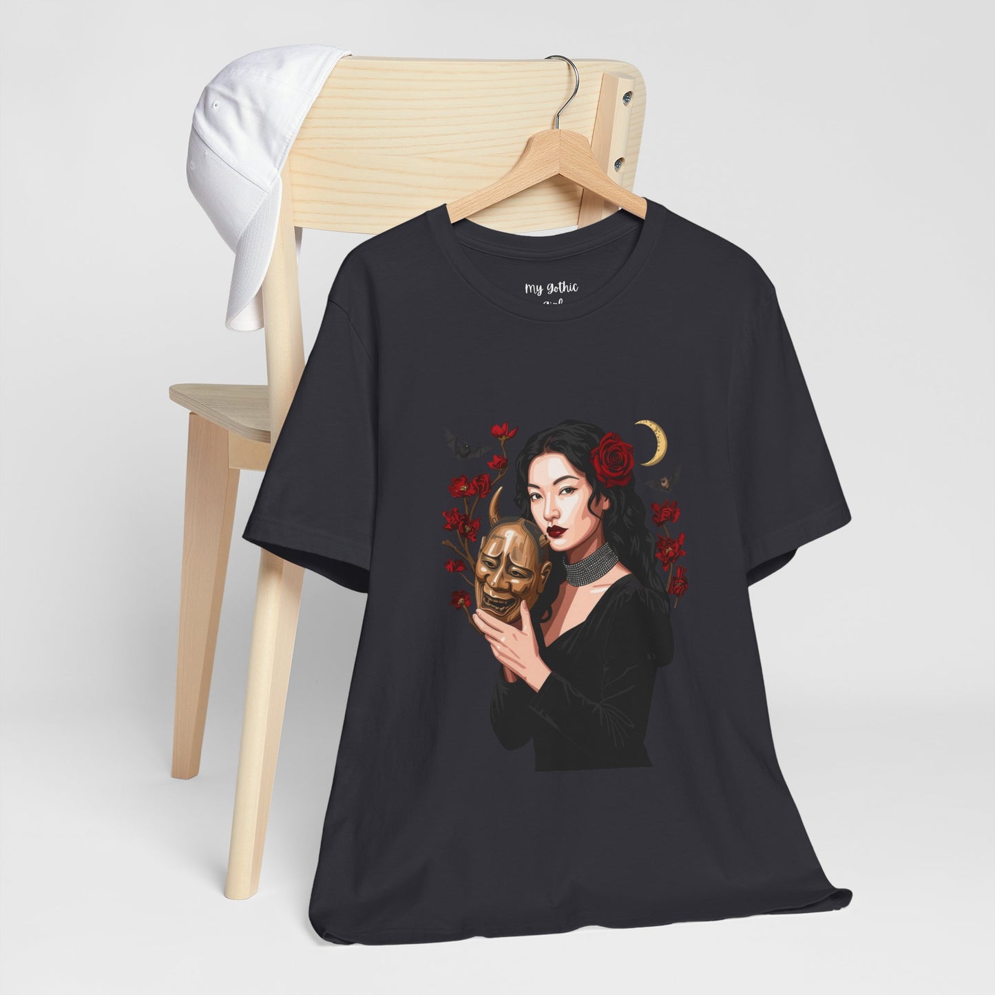 Gothic Rose Maiden Tee — Woman with Mask & Crescent Moon Graphic T-Shirt