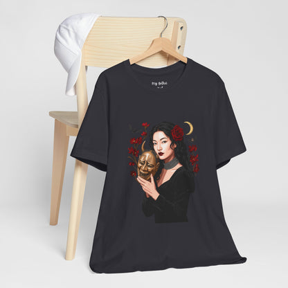 Gothic Rose Maiden Tee — Woman with Mask & Crescent Moon Graphic T-Shirt