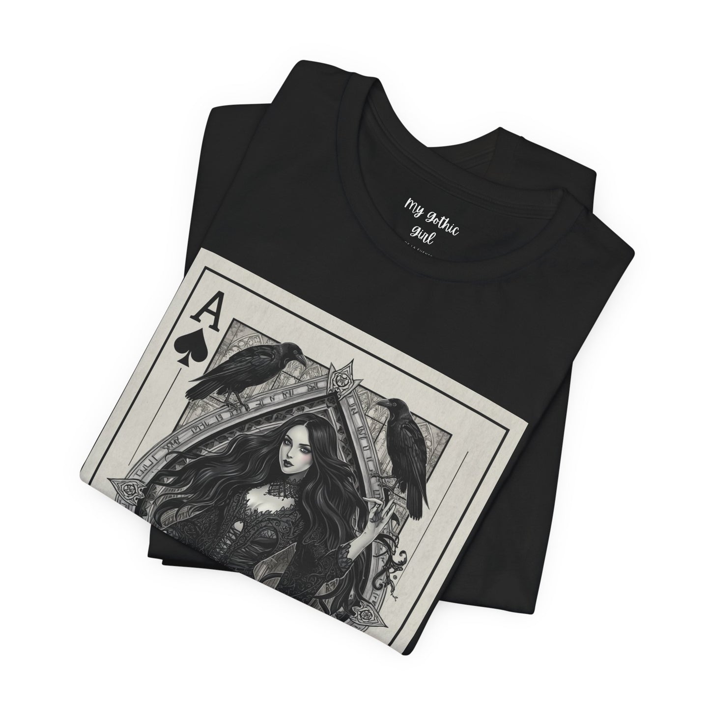 Ace of Spades Gothic Playing Card T‑Shirt — Dark Victorian Witch Illustration
