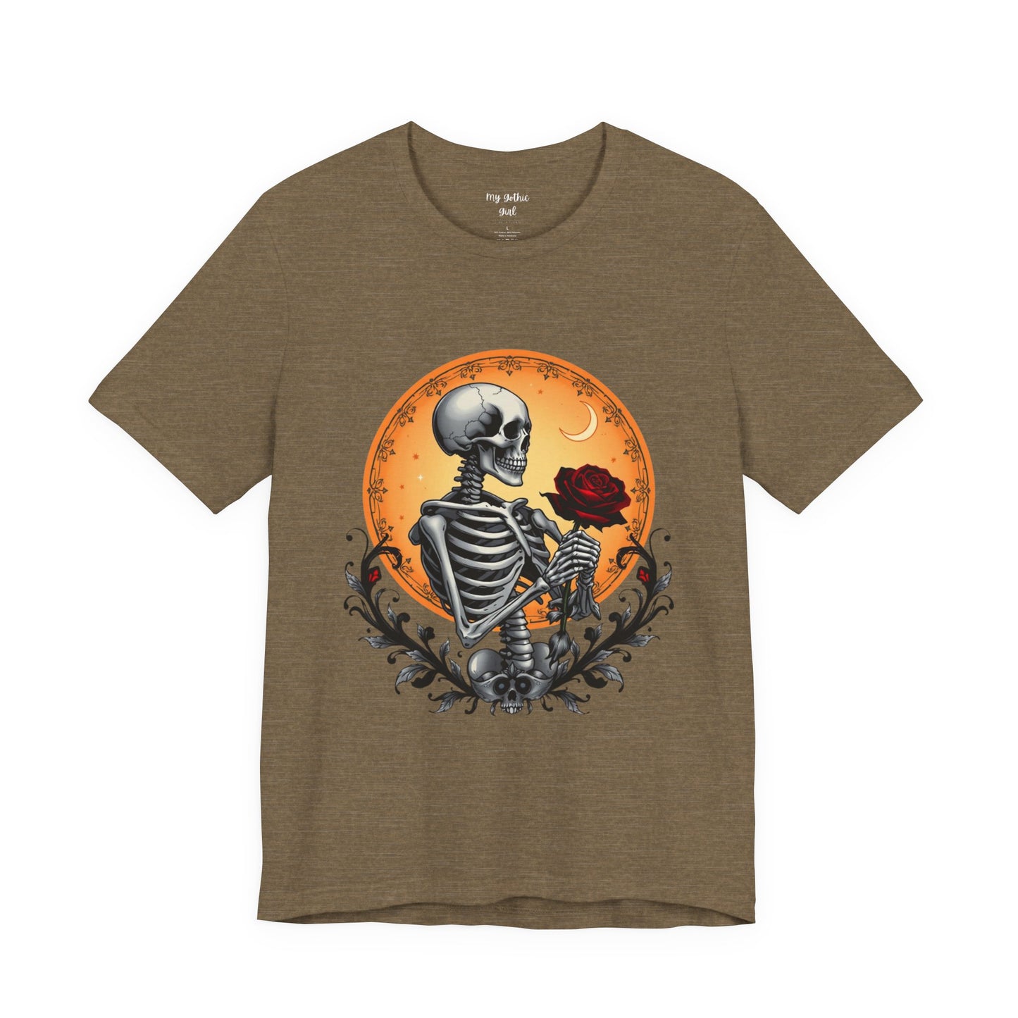 Mystical Gothic Skeleton and Black Rose Under Crescent Moon T-Shirt Design
