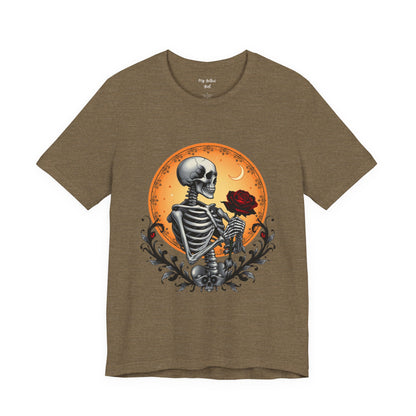 Mystical Gothic Skeleton and Black Rose Under Crescent Moon T-Shirt Design