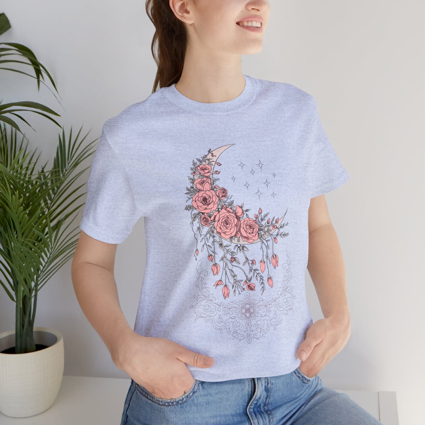 Celestial Goth Crescent Moon Tee with Dripping Florals – Mystic Graphic Art