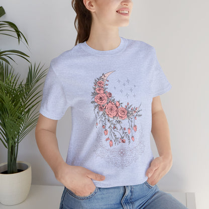Celestial Goth Crescent Moon Tee with Dripping Florals – Mystic Graphic Art
