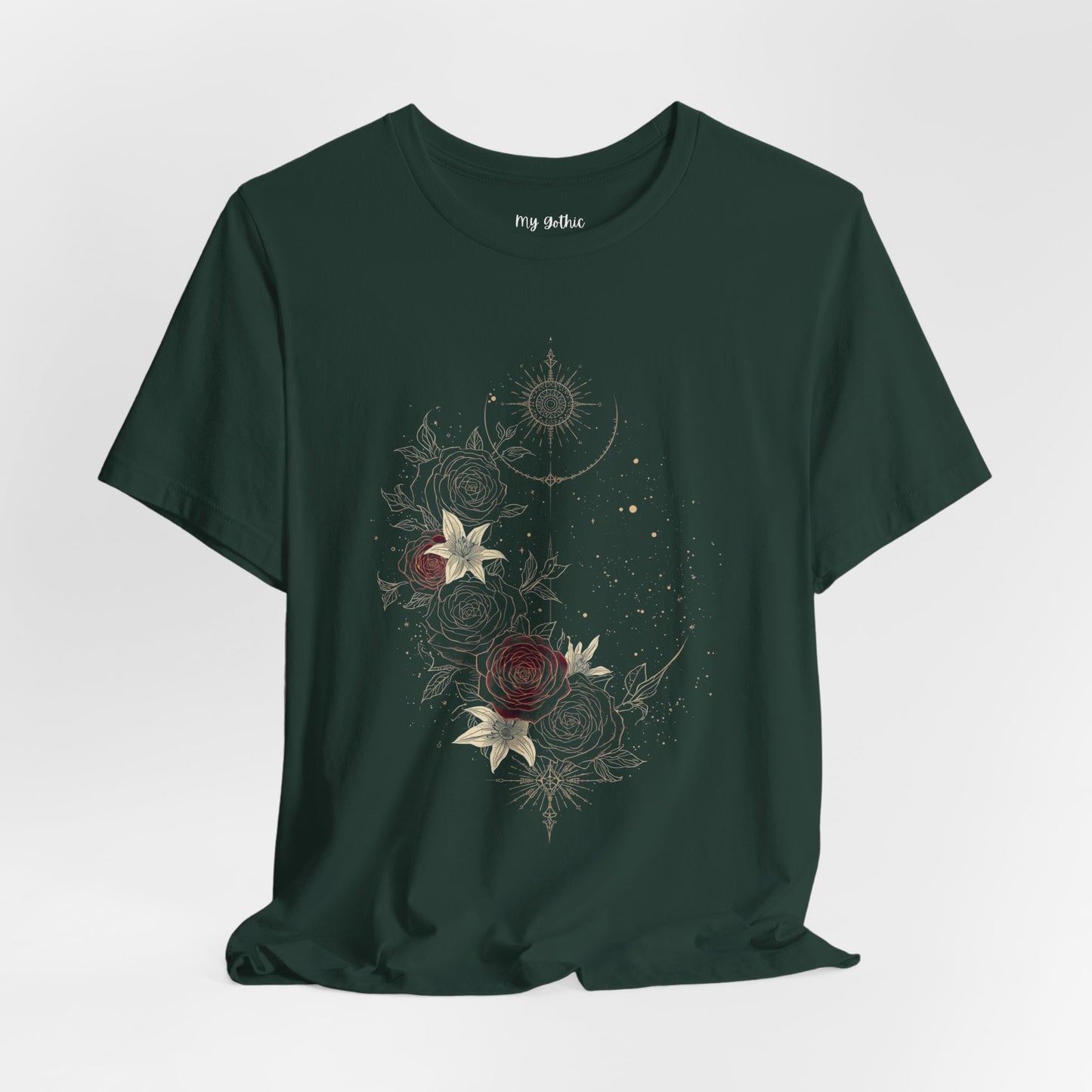 “Dark Floral Moon & Ornamental Geometry” T-Shirt Dark Floral Moon Ornamental Geometry Unisex Jersey Short Sleeve Tee