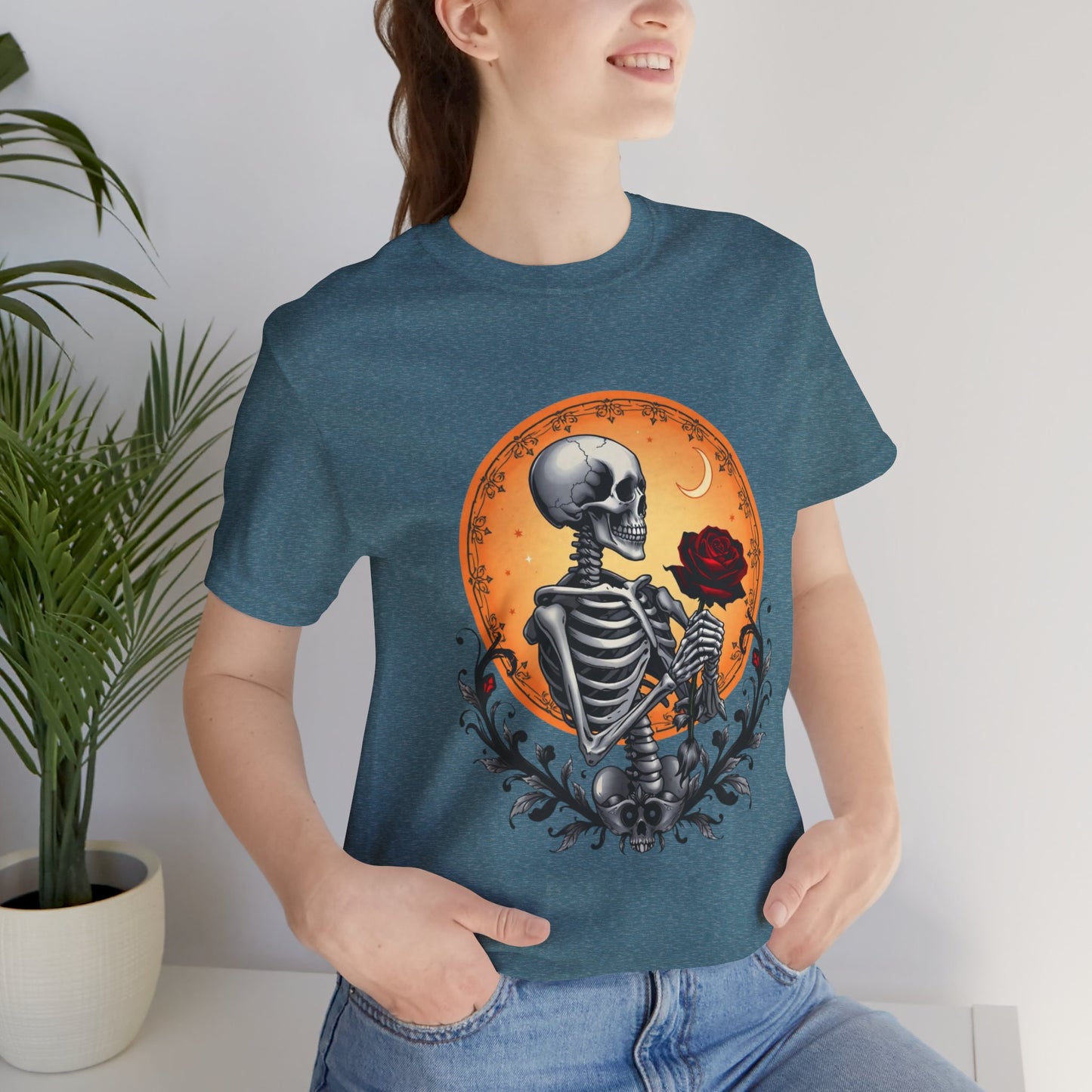 Mystical Gothic Skeleton and Black Rose Under Crescent Moon T-Shirt Design