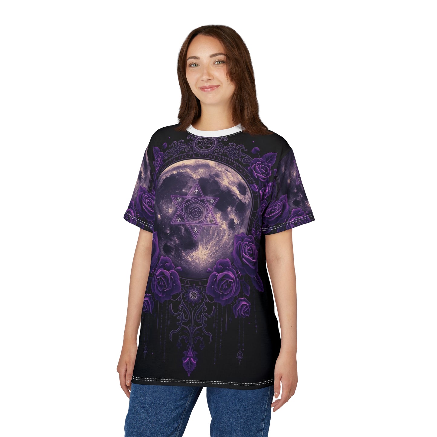 Purple Moon & Roses Tee — Gothic Floral Moonlight All-Over Print Shirt