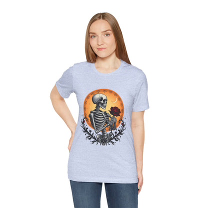 Mystical Gothic Skeleton and Black Rose Under Crescent Moon T-Shirt Design