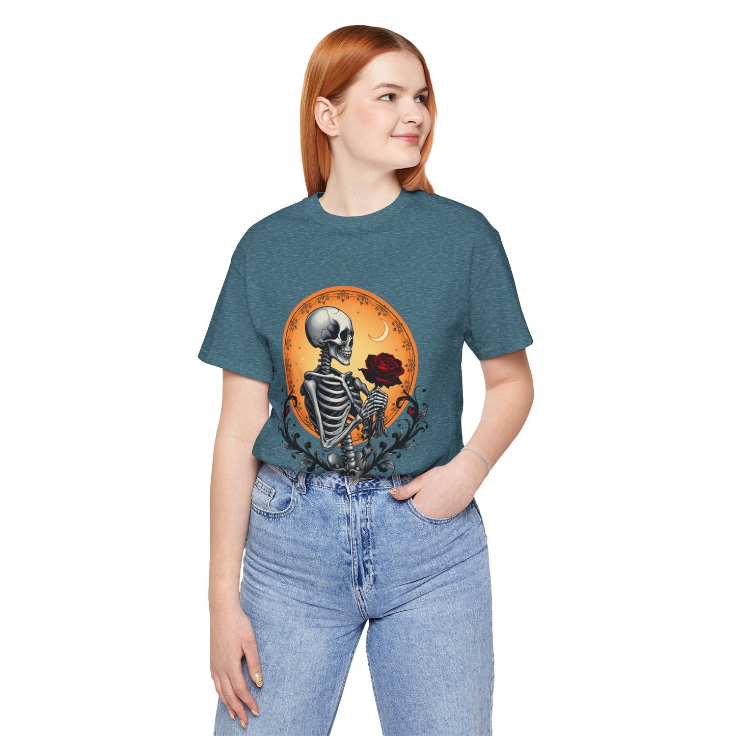 Mystical Gothic Skeleton and Black Rose Under Crescent Moon T-Shirt Design