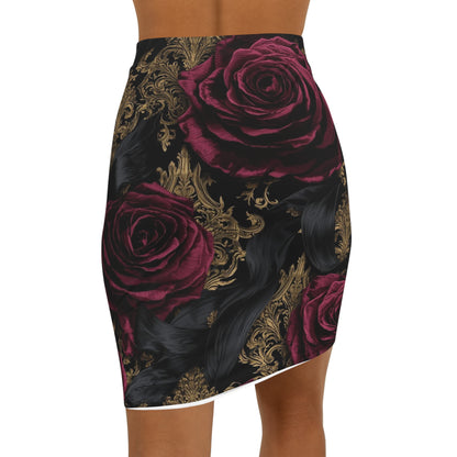 Baroque Rose Pencil Skirt — Floral Gothic Mid‑Waist Fashion