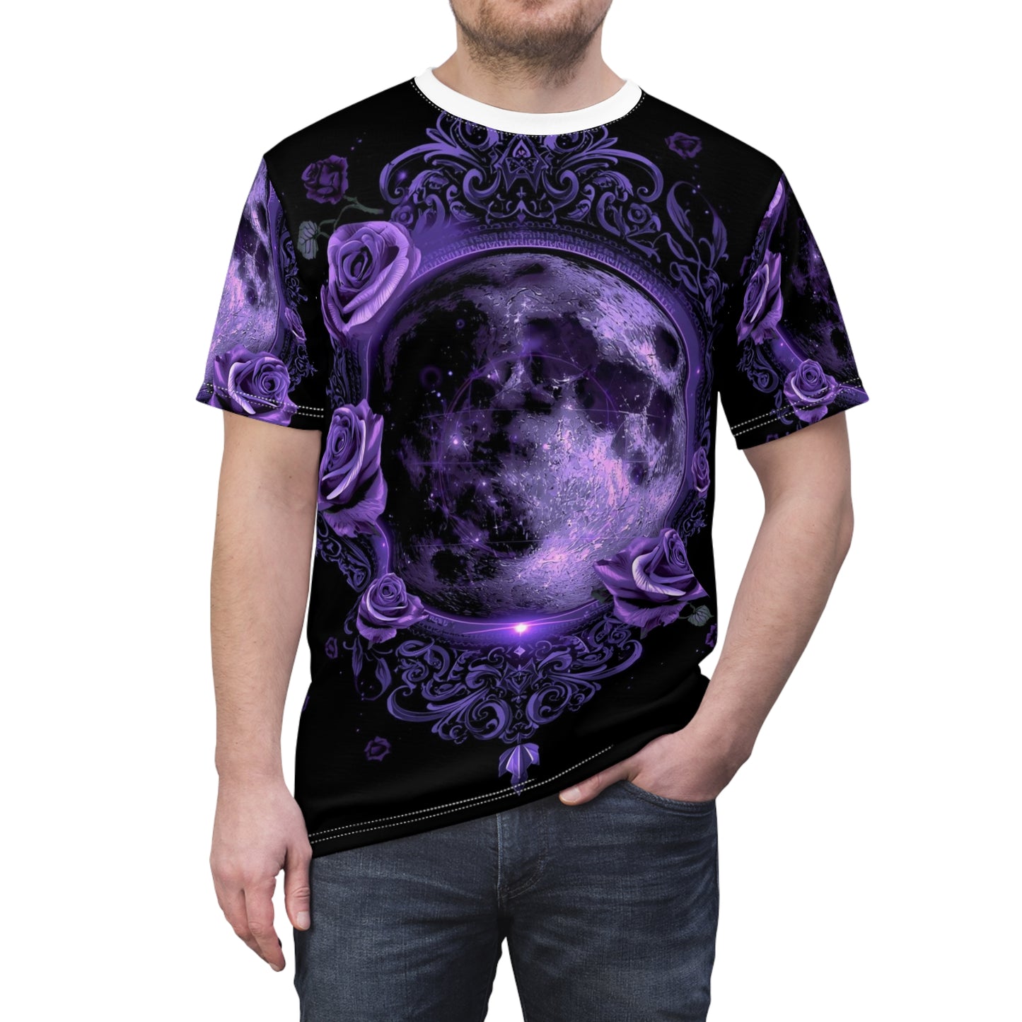 Purple Moon & Roses Tee — Gothic Floral Moonlight All-Over Print Shirt