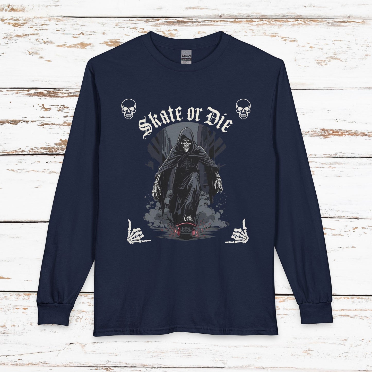 Skate or Die Long Sleeve Shirt — Gothic Skull Skateboard Tee