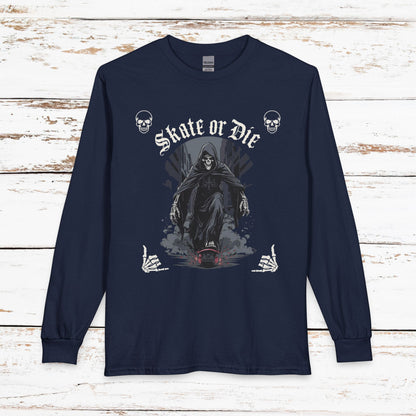 Skate or Die Long Sleeve Shirt — Gothic Skull Skateboard Tee