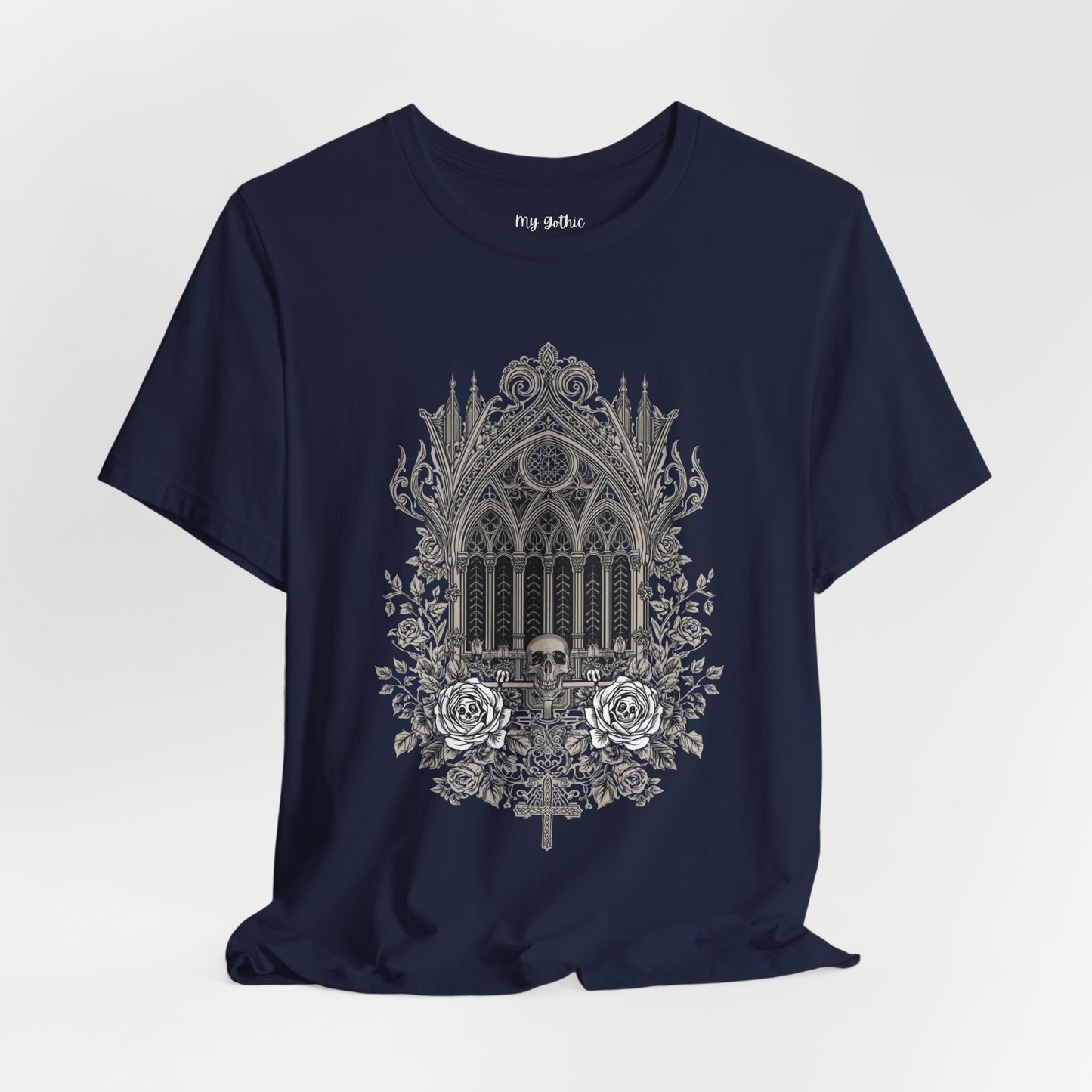 Gothic Cathedral Floral Tee — Intricate Rose Window Graphic T-Shirt