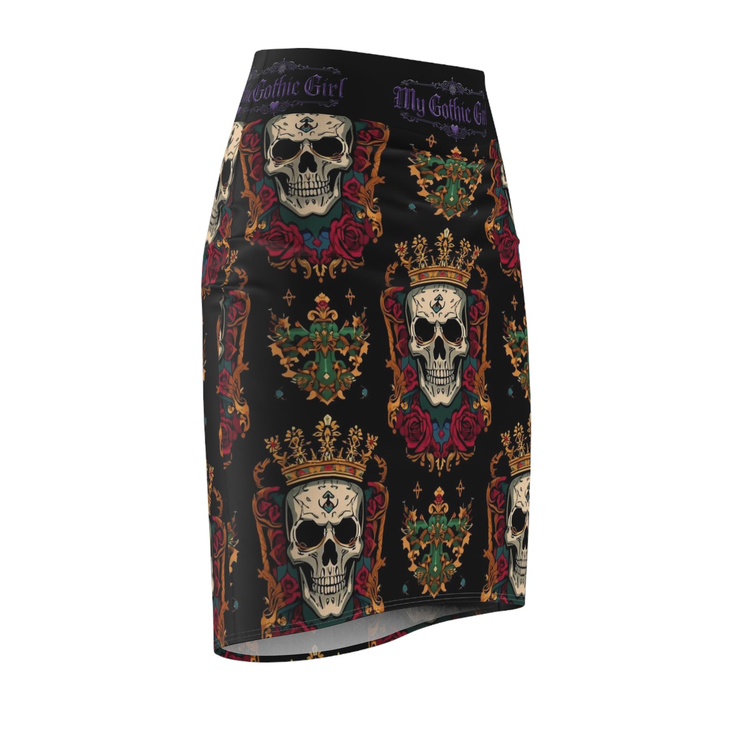 Gothic Skull Crown Pencil Skirt — “My Gothic Girl” Floral Day of the Dead Design