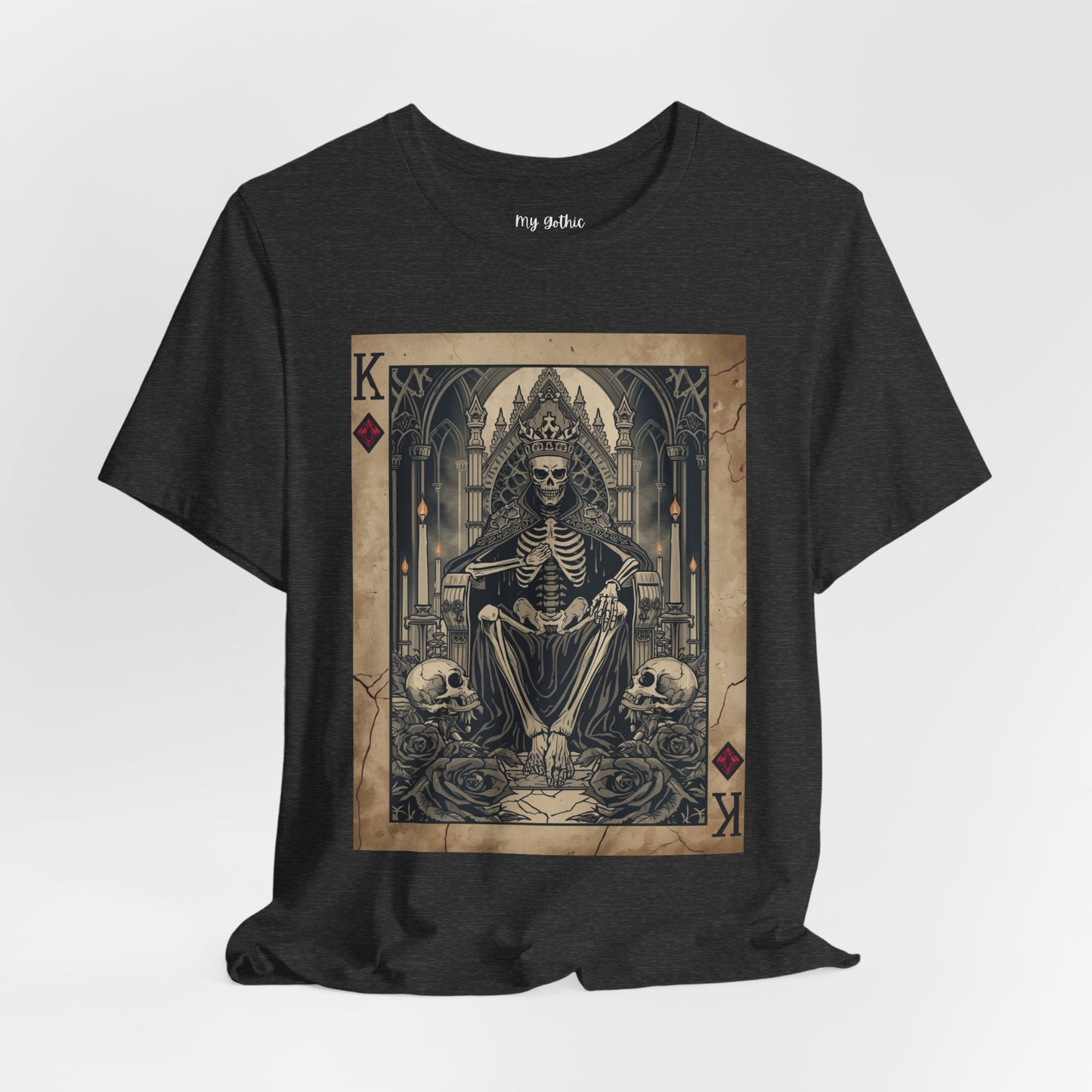 Skeleton King Playing Card Graphic Tee — Gothic Skull Throne T-Shirt