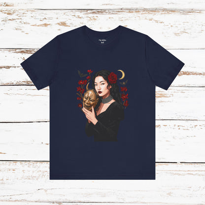 Gothic Rose Maiden Tee — Woman with Mask & Crescent Moon Graphic T-Shirt