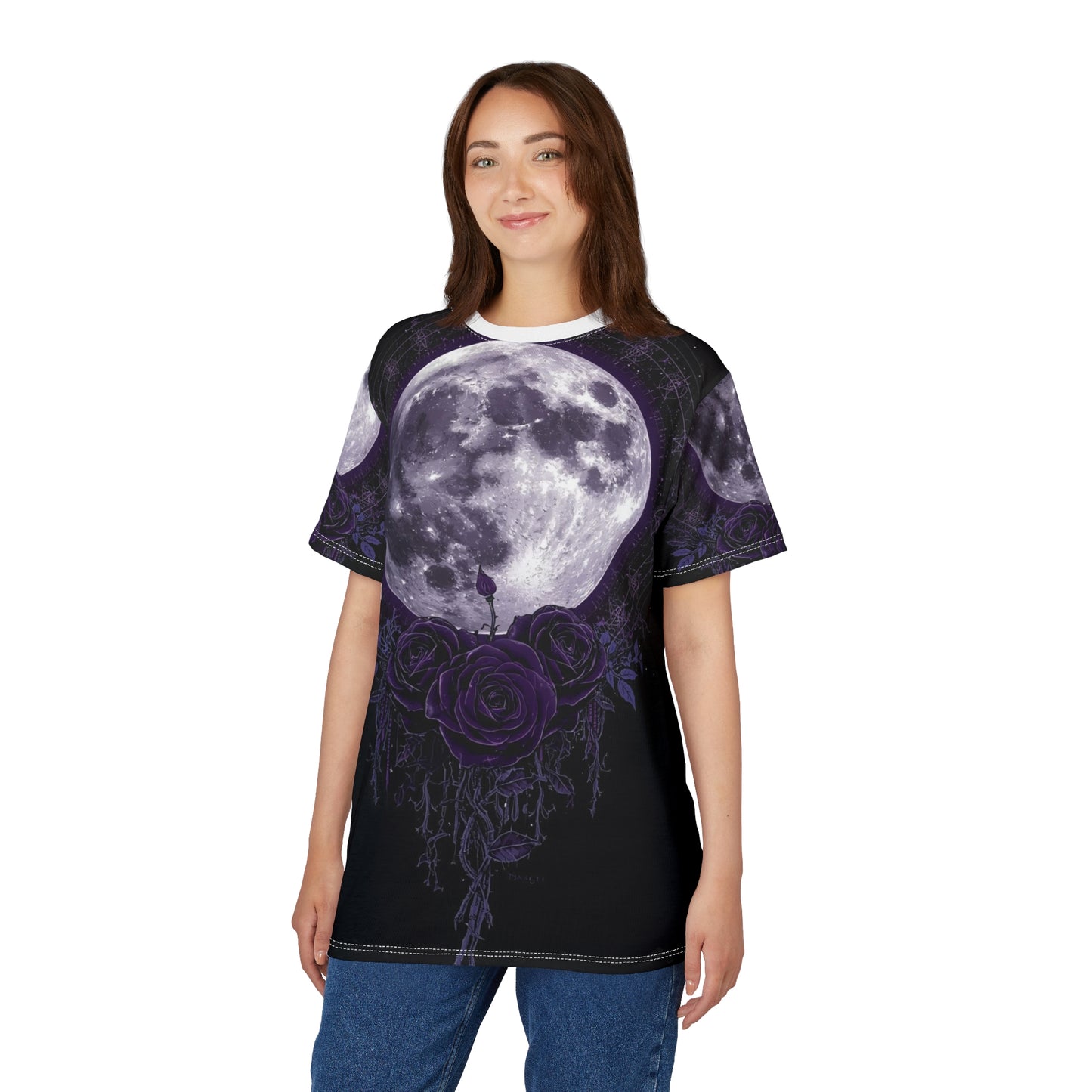 Purple Moon & Roses Tee — Gothic Floral Moonlight All-Over Print Shirt