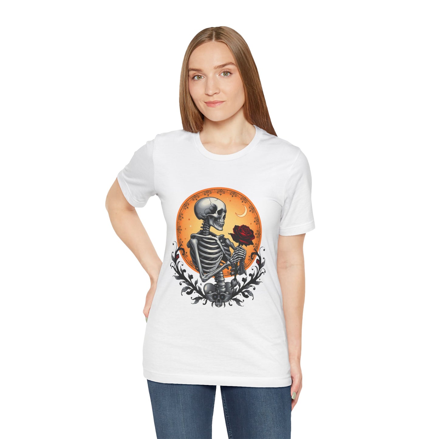 Mystical Gothic Skeleton and Black Rose Under Crescent Moon T-Shirt Design