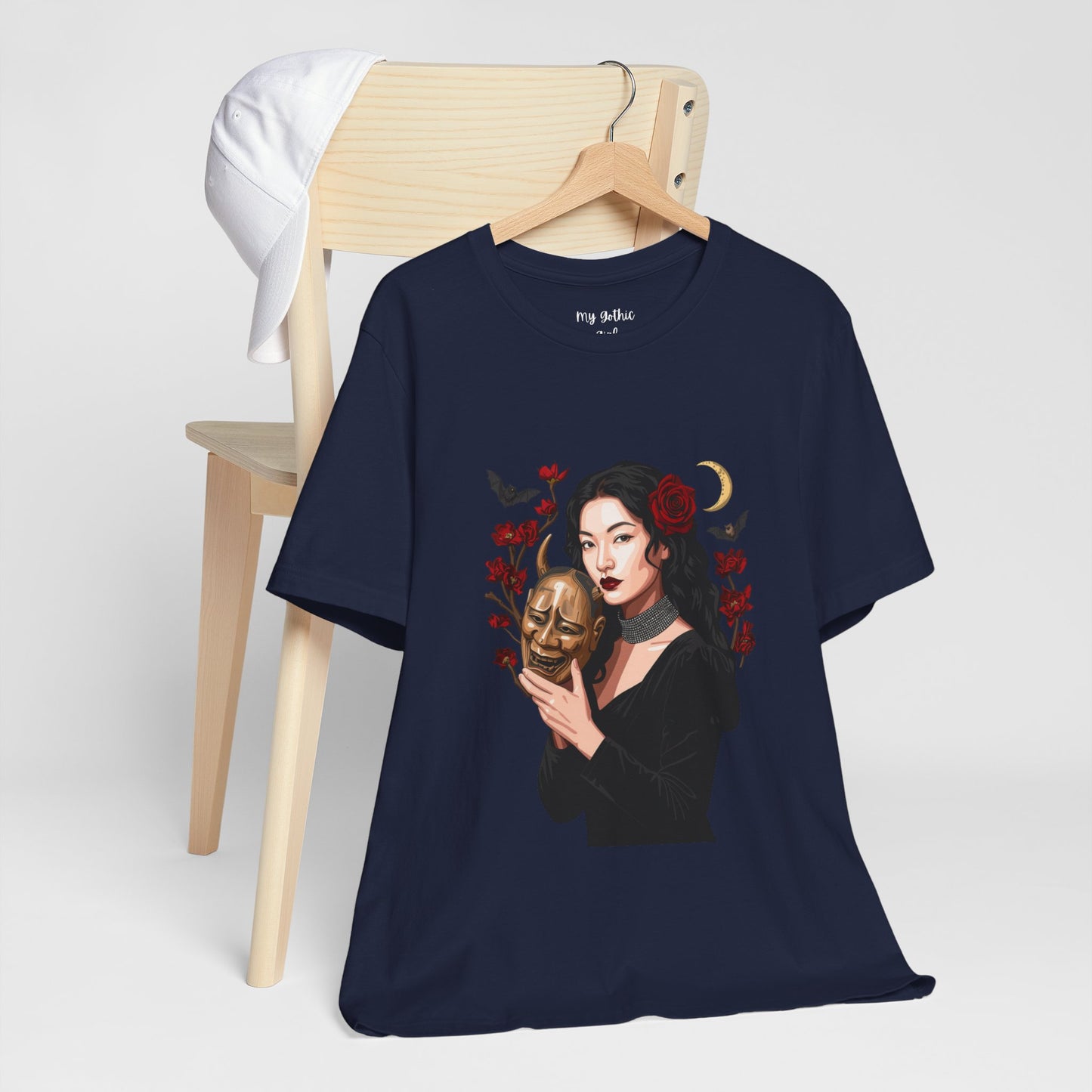 Gothic Rose Maiden Tee — Woman with Mask & Crescent Moon Graphic T-Shirt