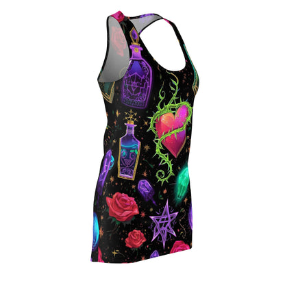 Mystic Heart Racerback Dress — Neon Witchy Potion & Crystal Print