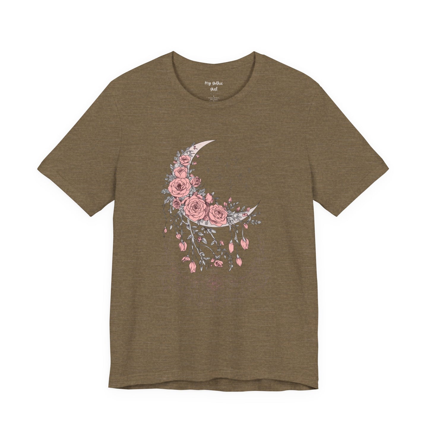 Celestial Goth Crescent Moon Tee with Dripping Florals – Mystic Graphic Art