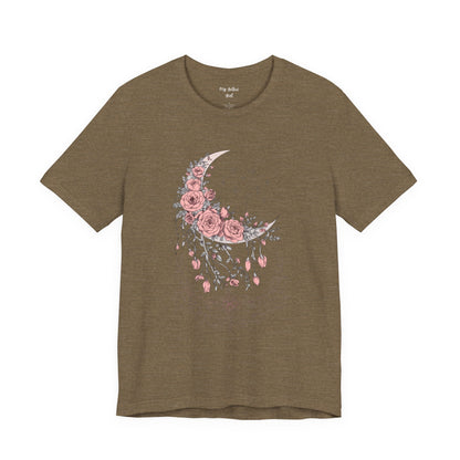 Celestial Goth Crescent Moon Tee with Dripping Florals – Mystic Graphic Art