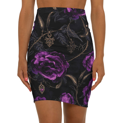 Purple Rose Gothic Pencil Skirt — Floral Mid-Waist Bodycon Skirt