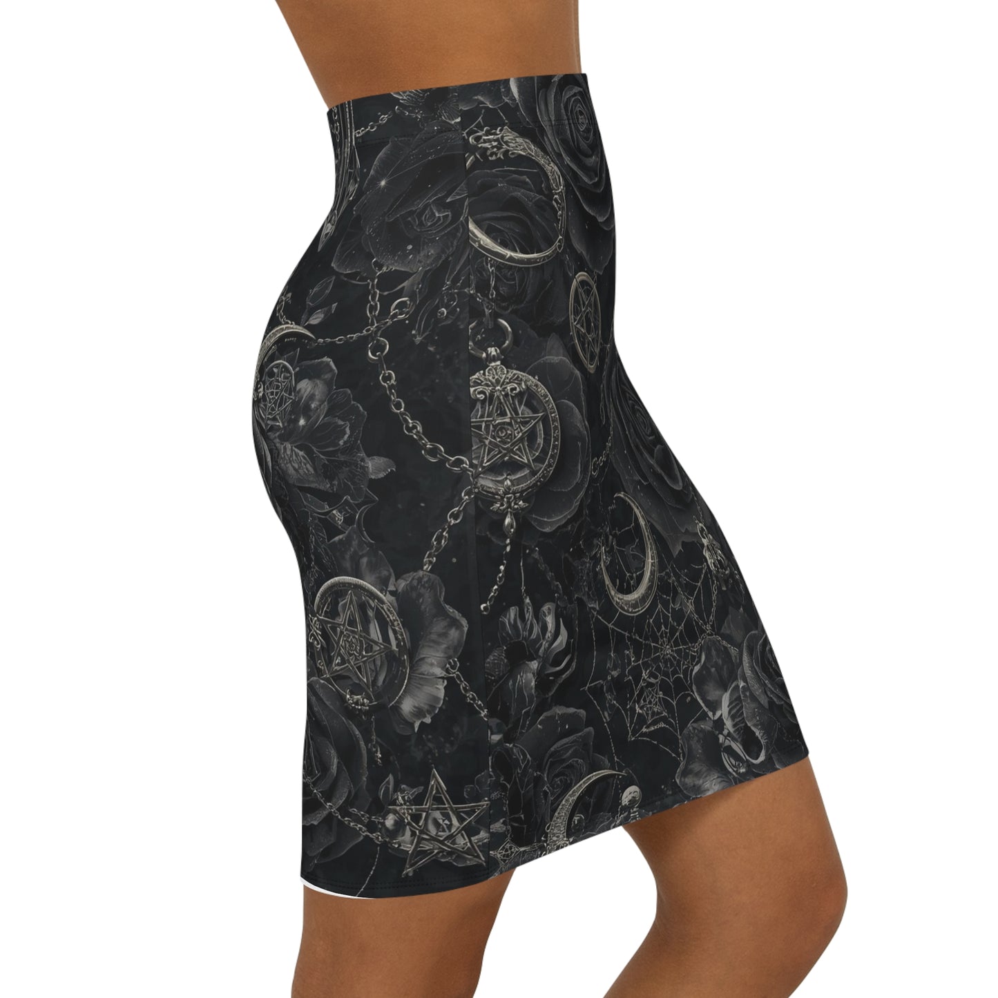 Gothic Rose & Pentagram Pencil Skirt — Black Moon Floral Midi